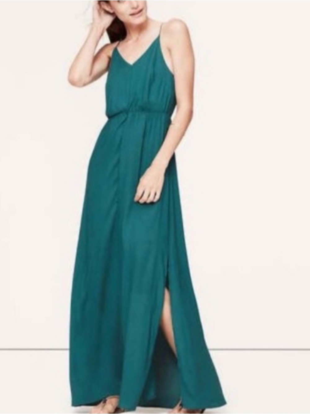 Ann Taylor Loft women’s emerald green elegant maxi strap dress with slit size 4P